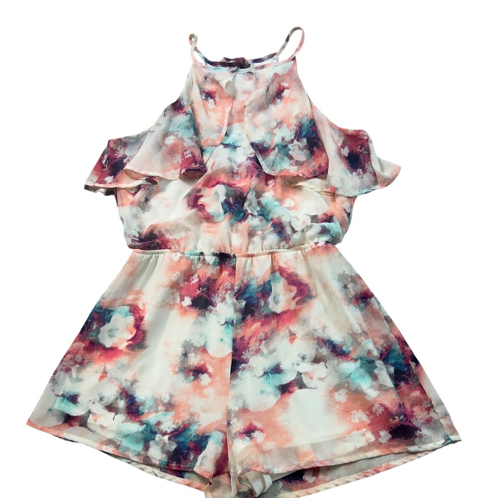 Peach Love California Watercolor Floral Cold Shoulder Romper Peach Teal Small - Picture 2 of 10